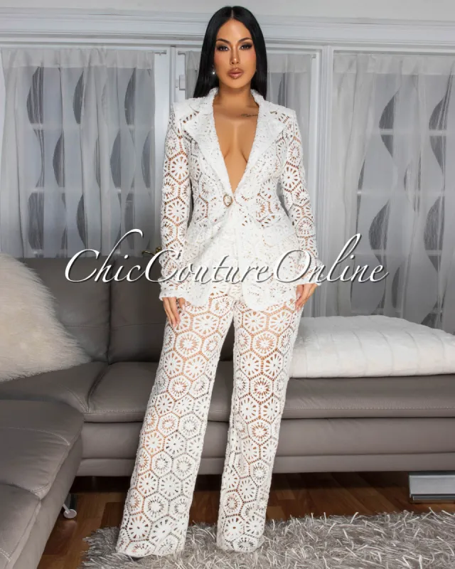 Kanis Cream Crochet Blazer Pants Suit sold by Chic Couture