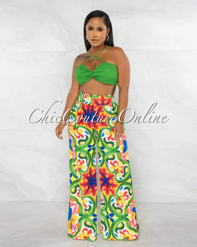 *Alucia Green Silver "O" Ring Crop Top & Print Wide Pants Set sold by Chic Couture