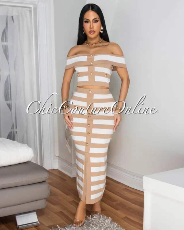 Mena Off-White Taupe Stripes Crop Top & Skirt Set sold by Chic Couture