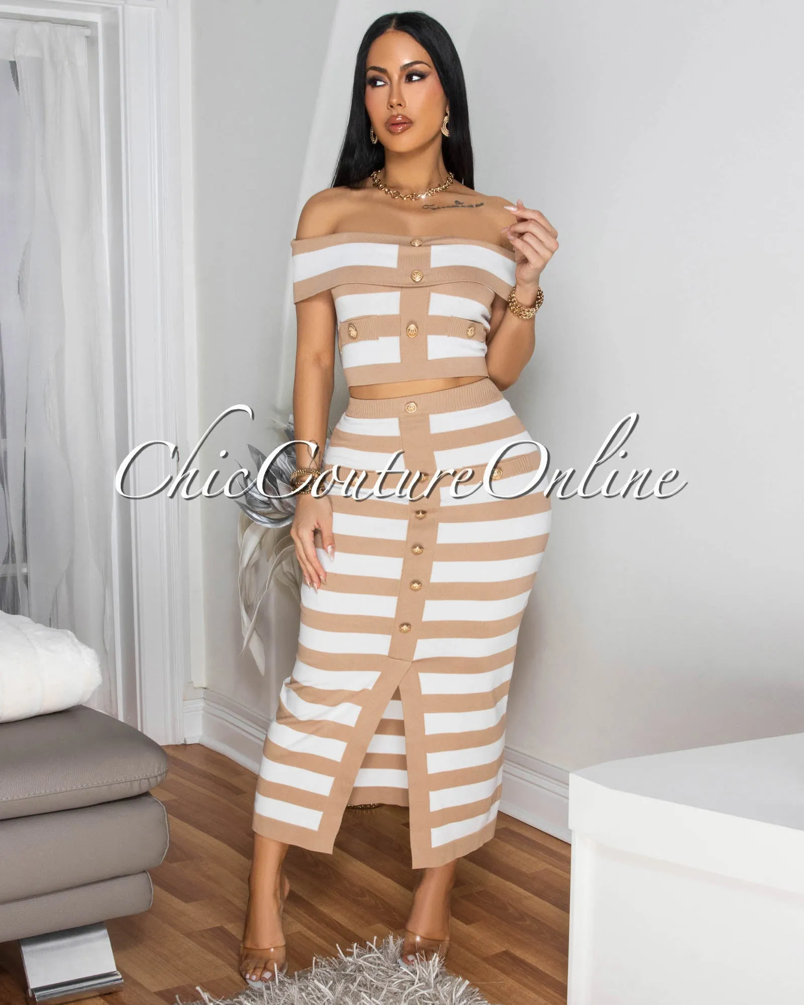 Mena Off-White Taupe Stripes Crop Top & Skirt Set sold by Chic Couture product image thumbnail 2