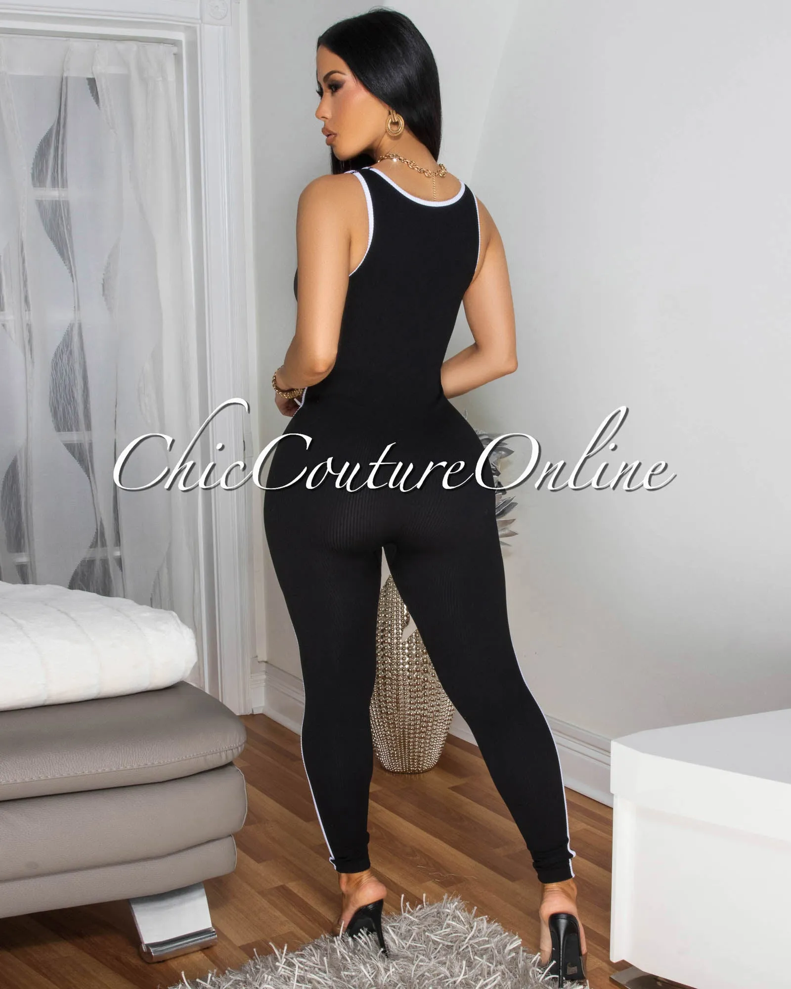 Sunnia Black White Trim Ribbed BodyCon Jumpsuit sold by Chic Couture product image thumbnail 2