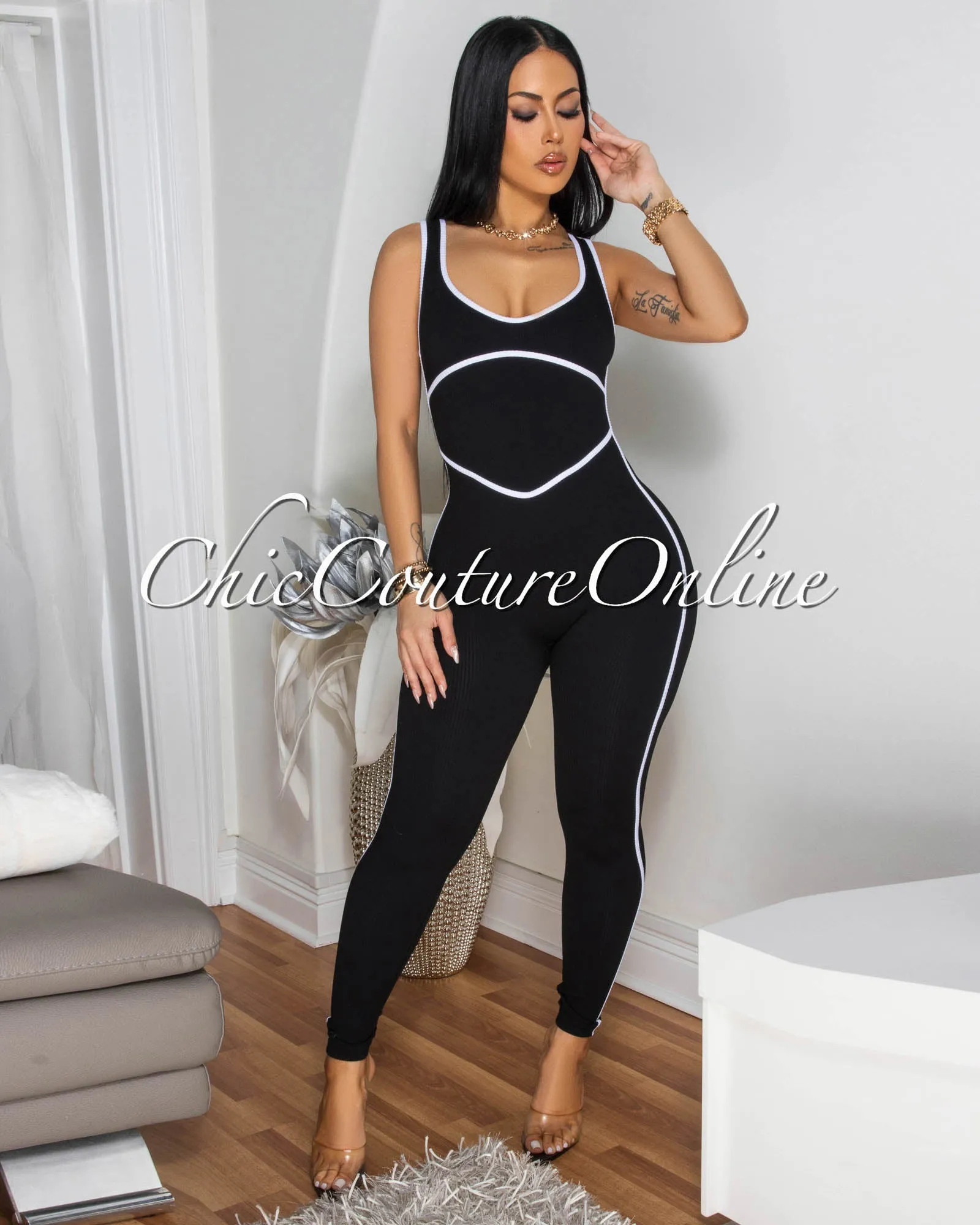 Sunnia Black White Trim Ribbed BodyCon Jumpsuit sold by Chic Couture