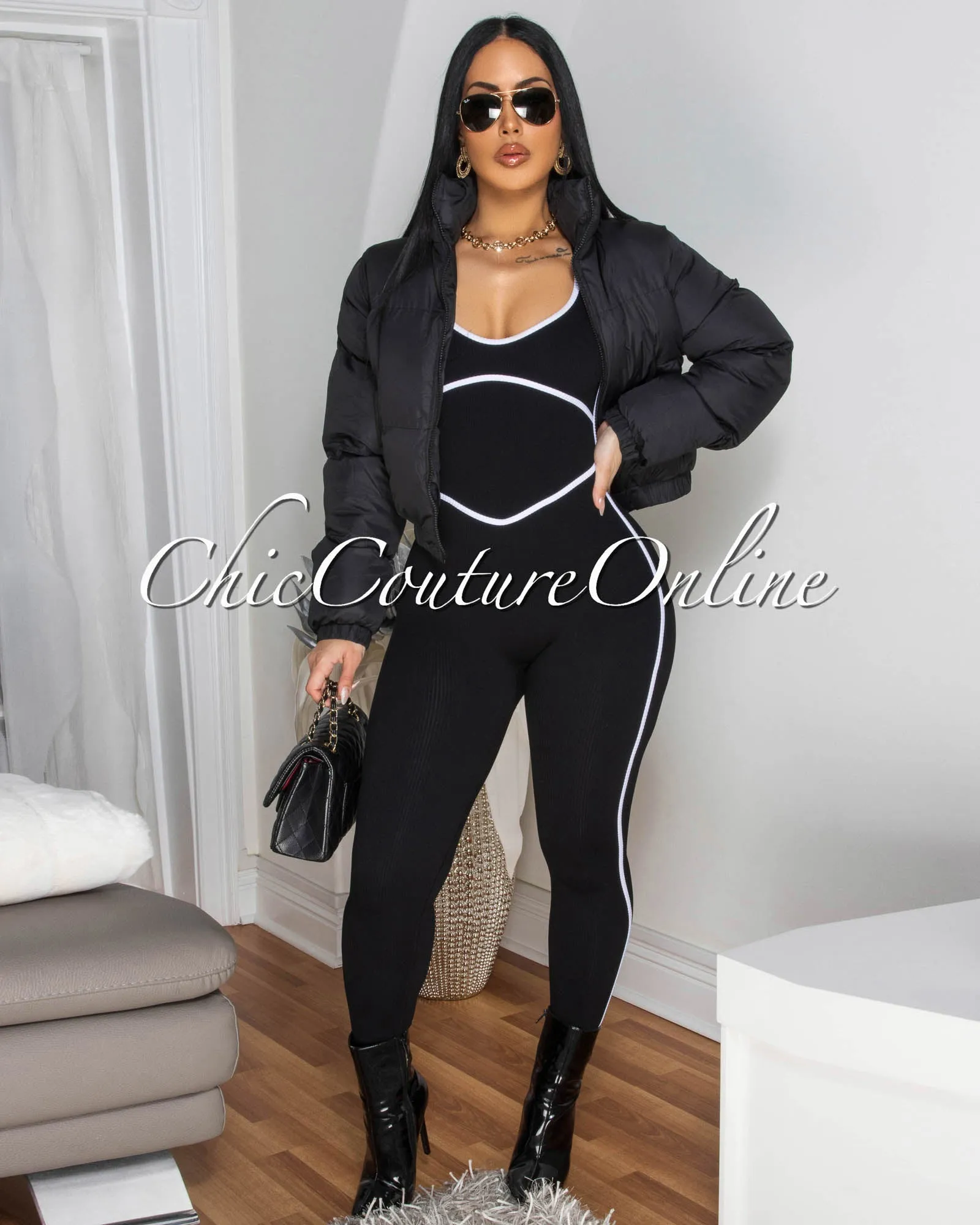 Sunnia Black White Trim Ribbed BodyCon Jumpsuit sold by Chic Couture product image thumbnail 4