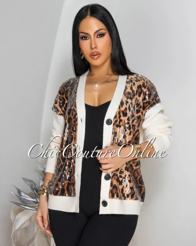 Hayden Sequins Leopard Print Cream Sweater Cardigan sold by Chic Couture
