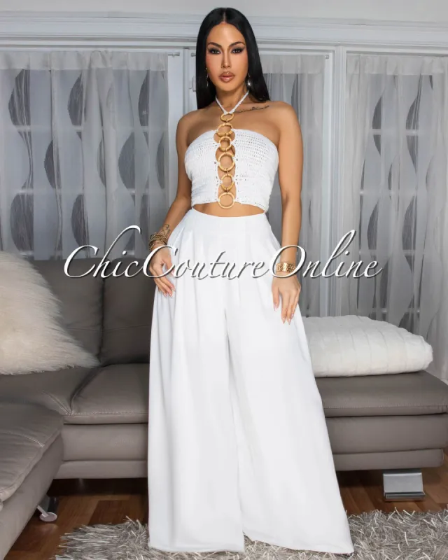 Elan Off-White Crochet Top & Pants Set sold by Chic Couture