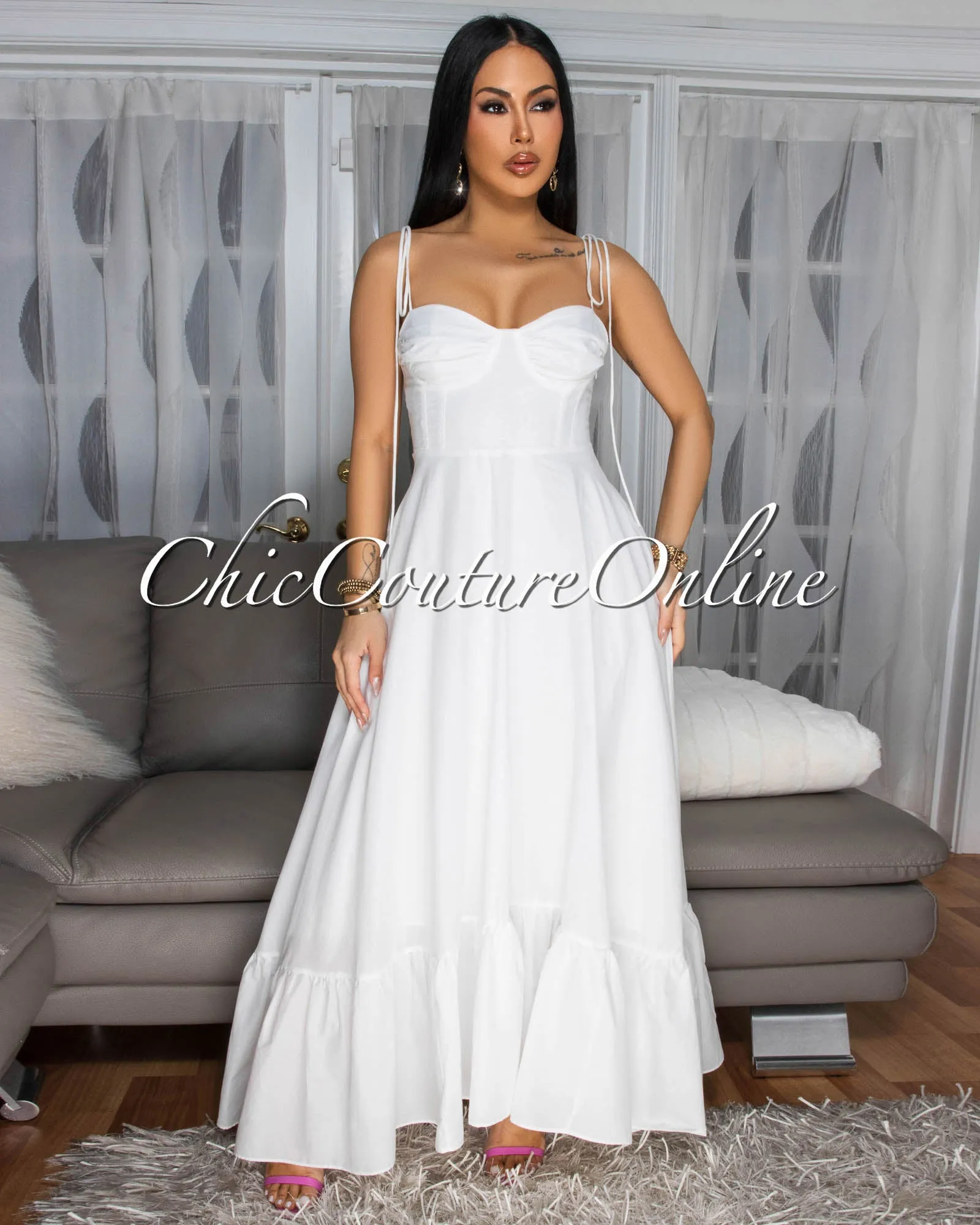 Azaria Off-White Sleeveless Midi Dress sold by Chic Couture