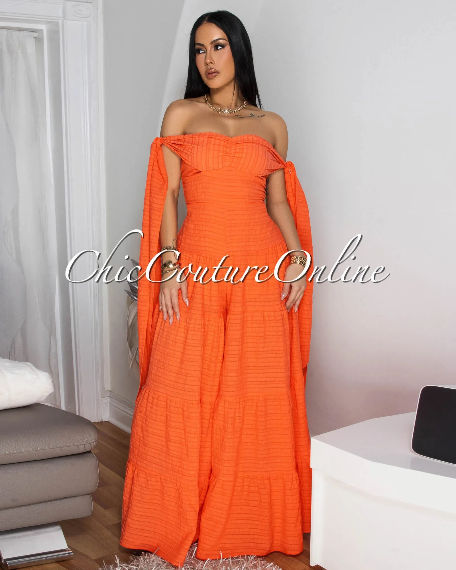 Noelly Tangerine Strapless Wide Legs Jumpsuit sold by Chic Couture product image thumbnail 3