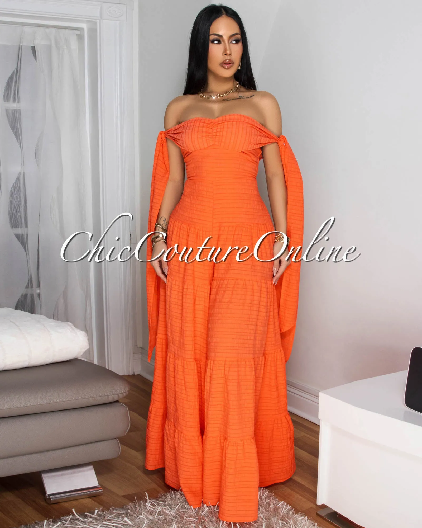 Noelly Tangerine Strapless Wide Legs Jumpsuit sold by Chic Couture