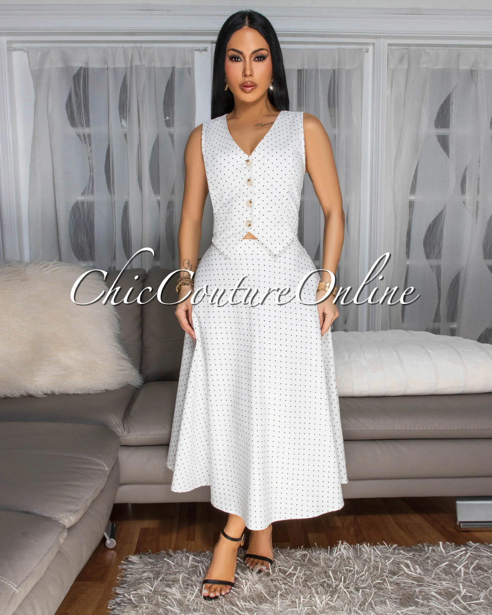 Solata Off-White Black Polka Dots Denim Vest & Skirt Set sold by Chic Couture product image thumbnail 2