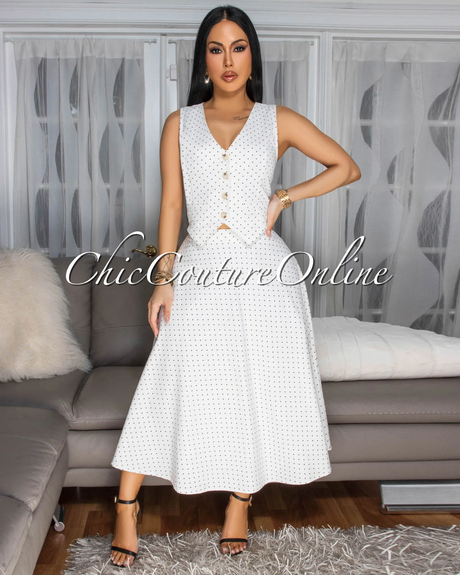Solata Off-White Black Polka Dots Denim Vest & Skirt Set sold by Chic Couture