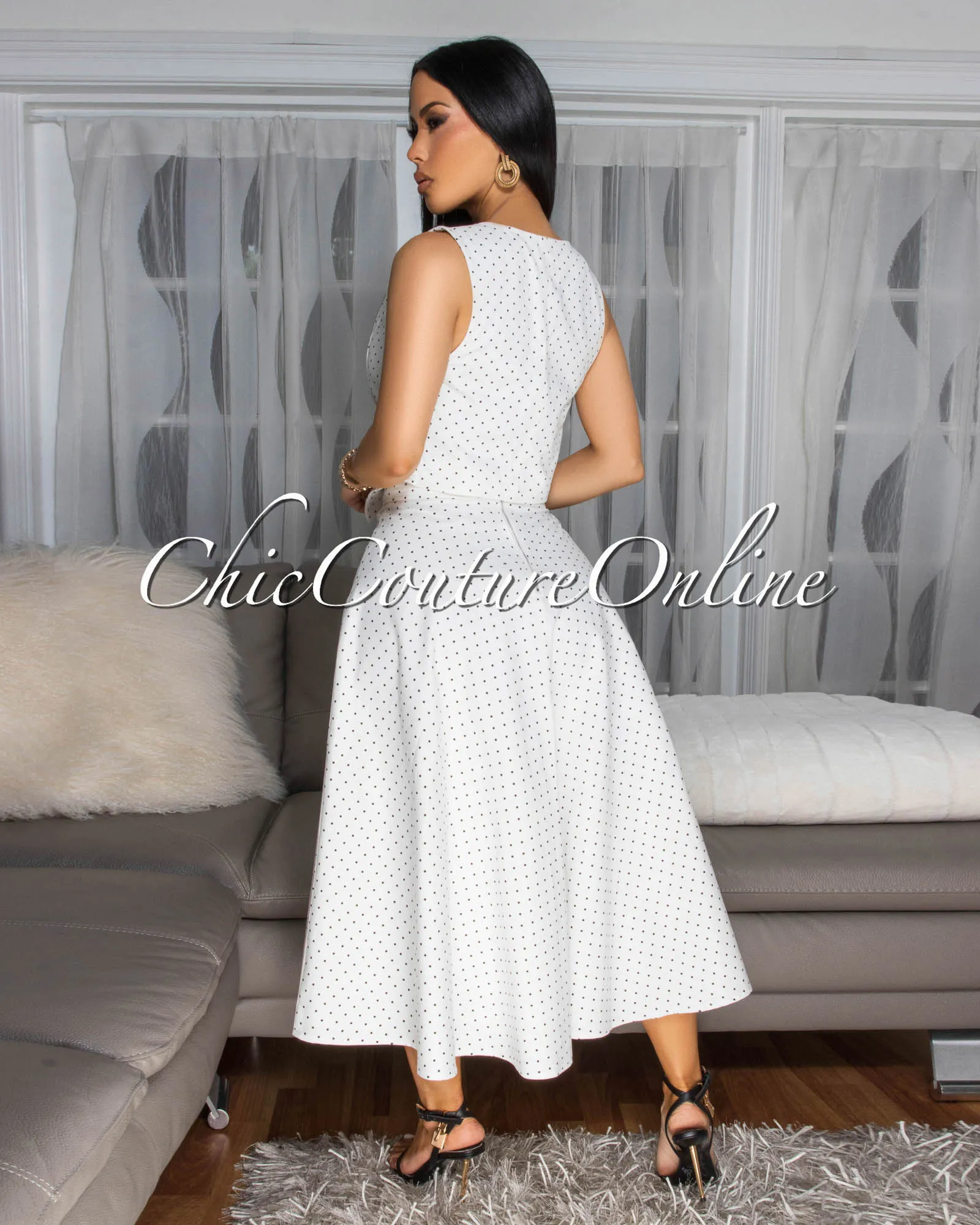 Solata Off-White Black Polka Dots Denim Vest & Skirt Set sold by Chic Couture product image thumbnail 3