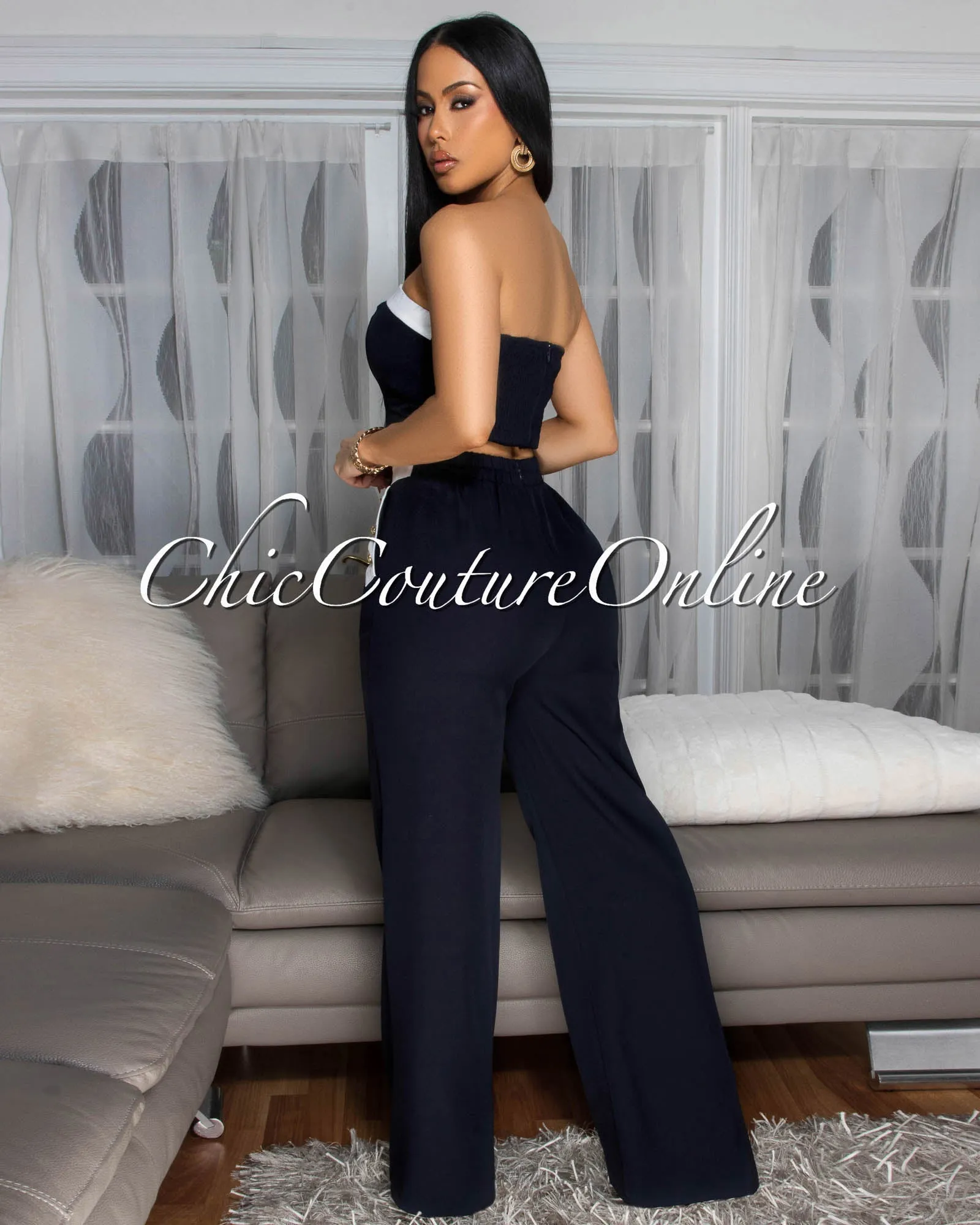 Marcella Navy-Blue White Trim Crop Top Pants Set sold by Chic Couture product image thumbnail 4