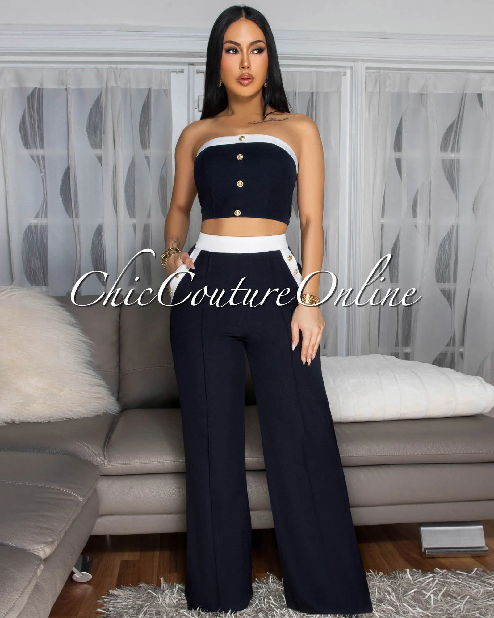 Marcella Navy-Blue White Trim Crop Top Pants Set sold by Chic Couture product image thumbnail 2