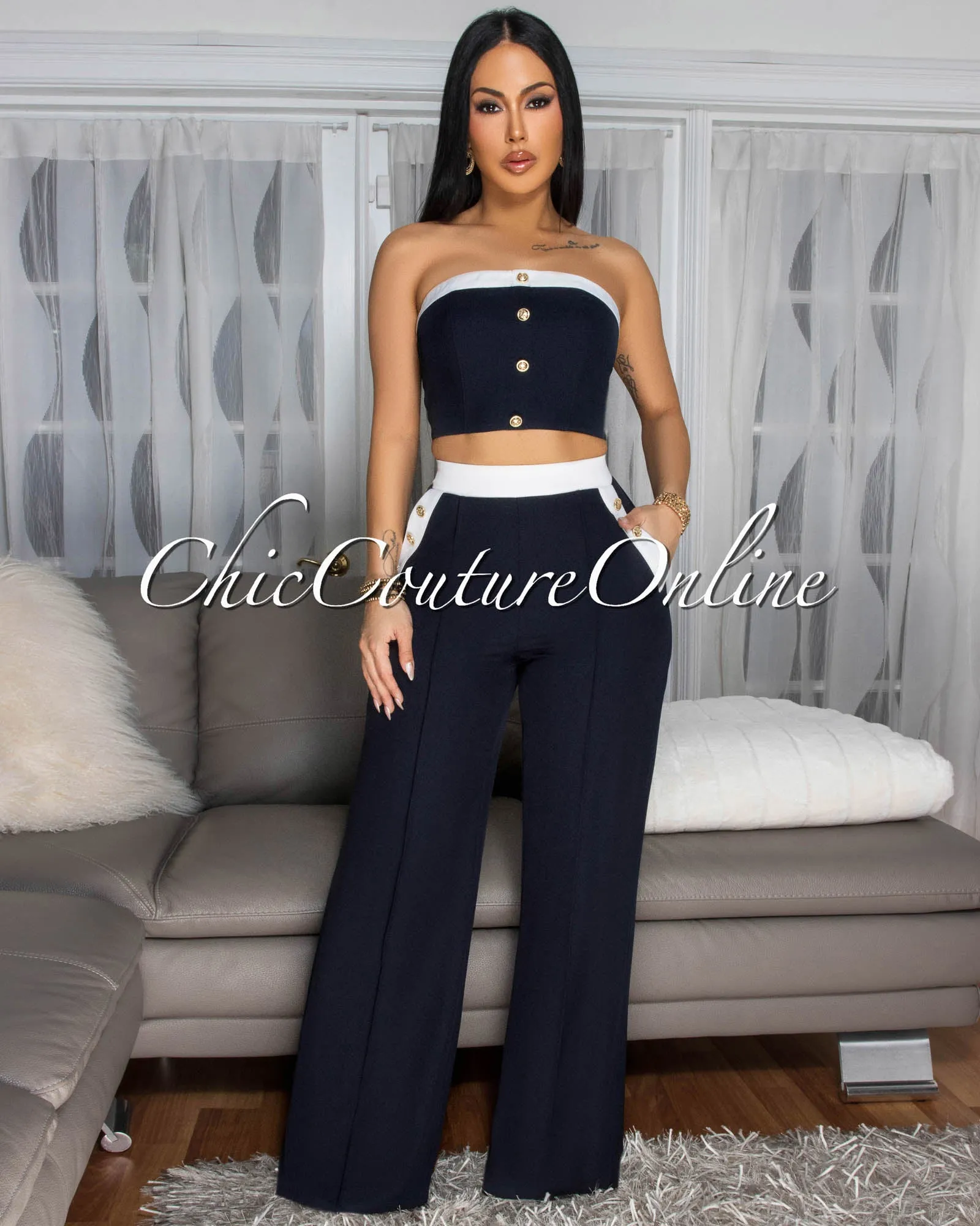 Marcella Navy-Blue White Trim Crop Top Pants Set sold by Chic Couture