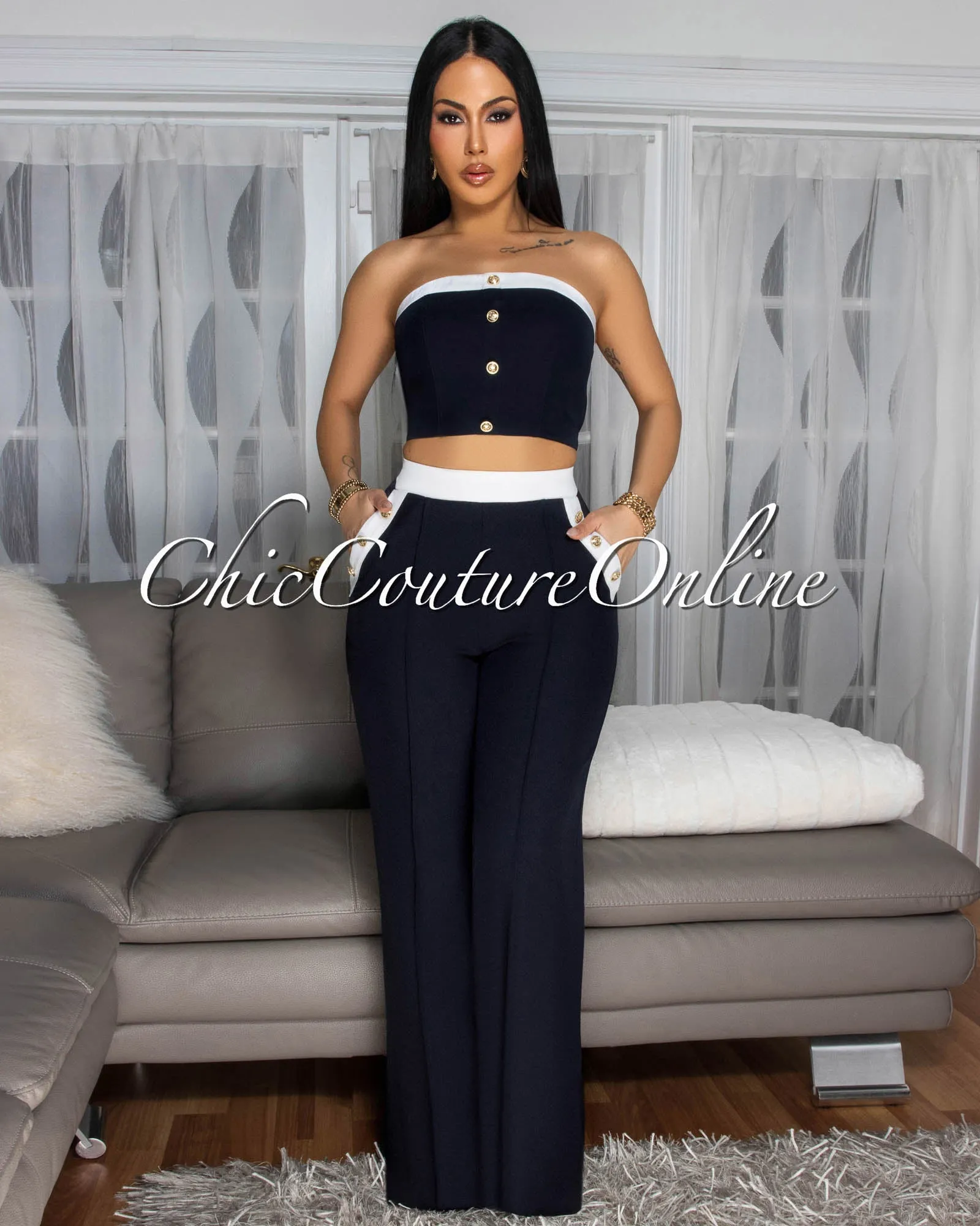 Marcella Navy-Blue White Trim Crop Top Pants Set sold by Chic Couture product image thumbnail 3