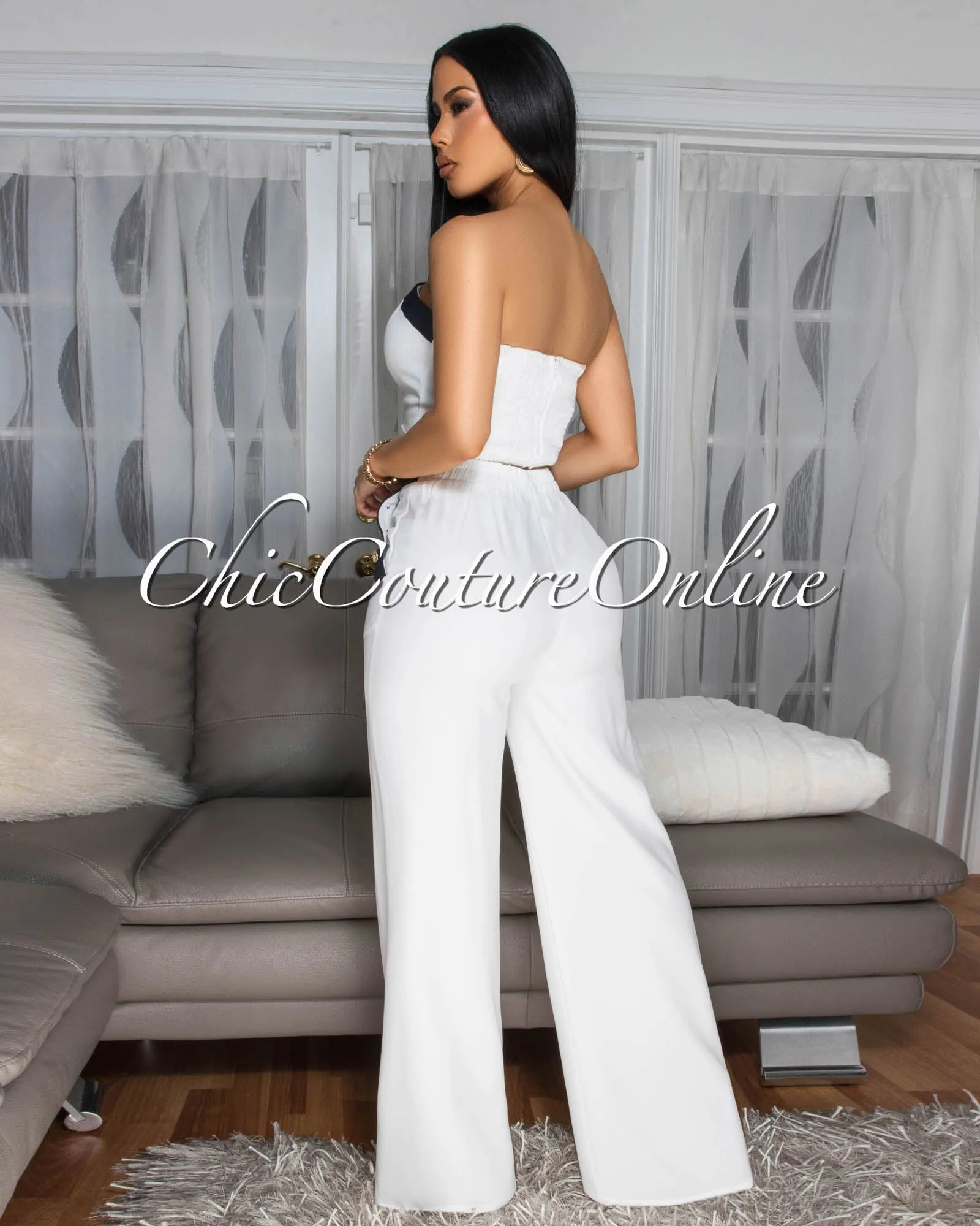 Marcella Off-White Black Crop Top Pants Set sold by Chic Couture product image thumbnail 4