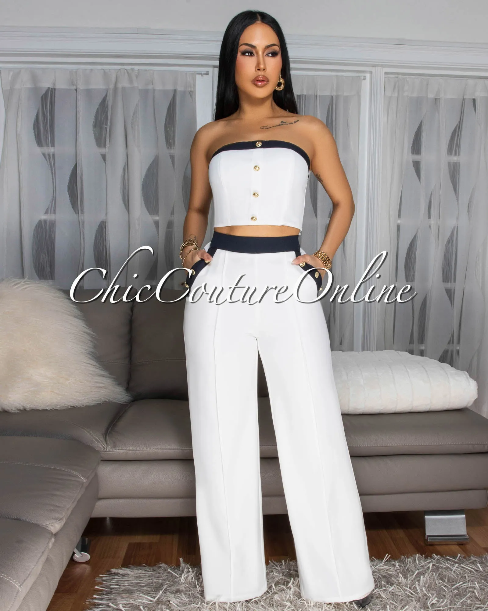 Marcella Off-White Black Crop Top Pants Set sold by Chic Couture product image thumbnail 3