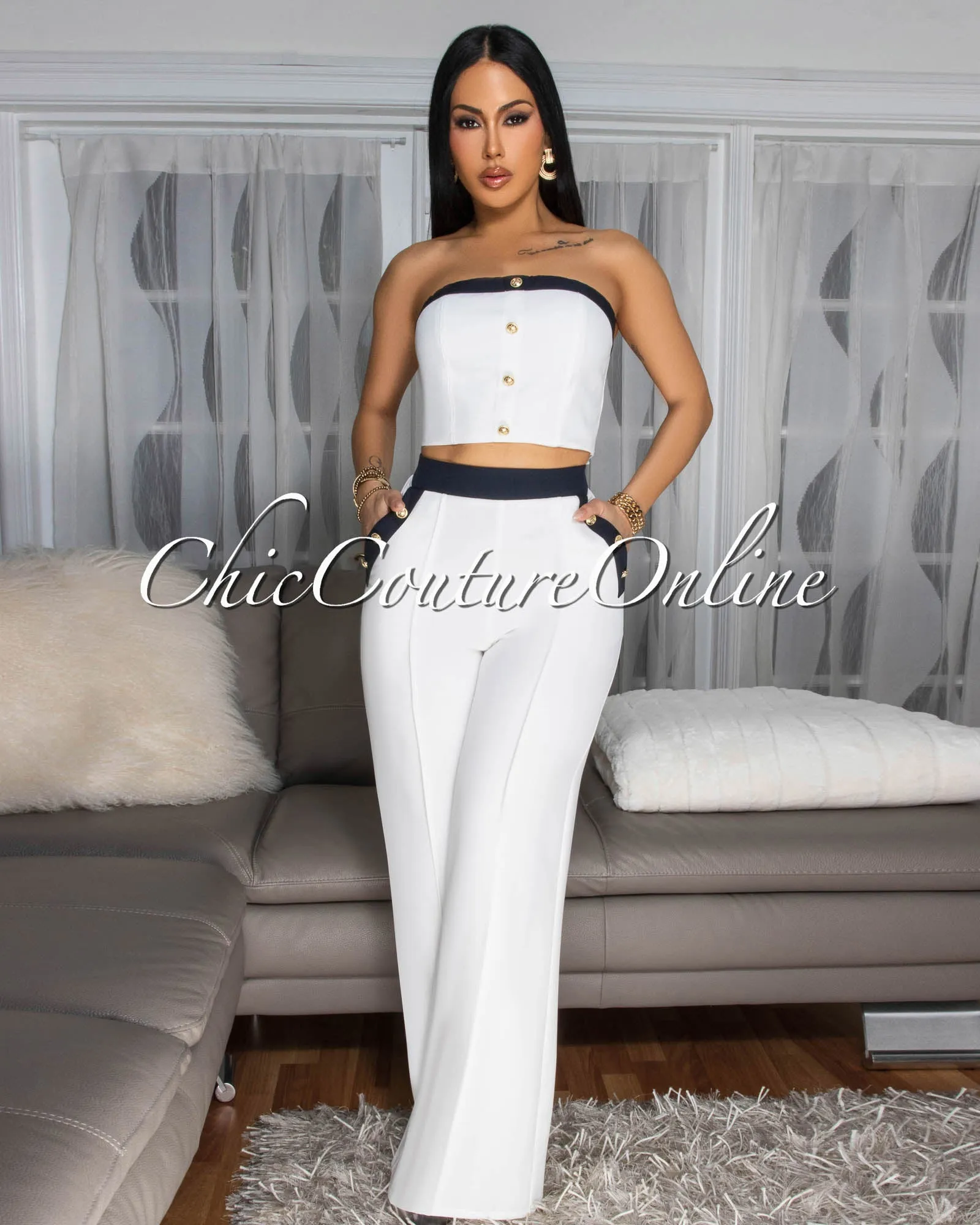 Marcella Off-White Black Crop Top Pants Set sold by Chic Couture product image thumbnail 2