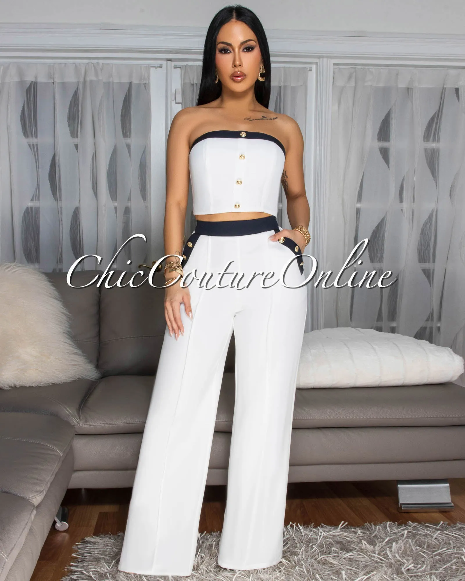 Marcella Off-White Black Crop Top Pants Set sold by Chic Couture