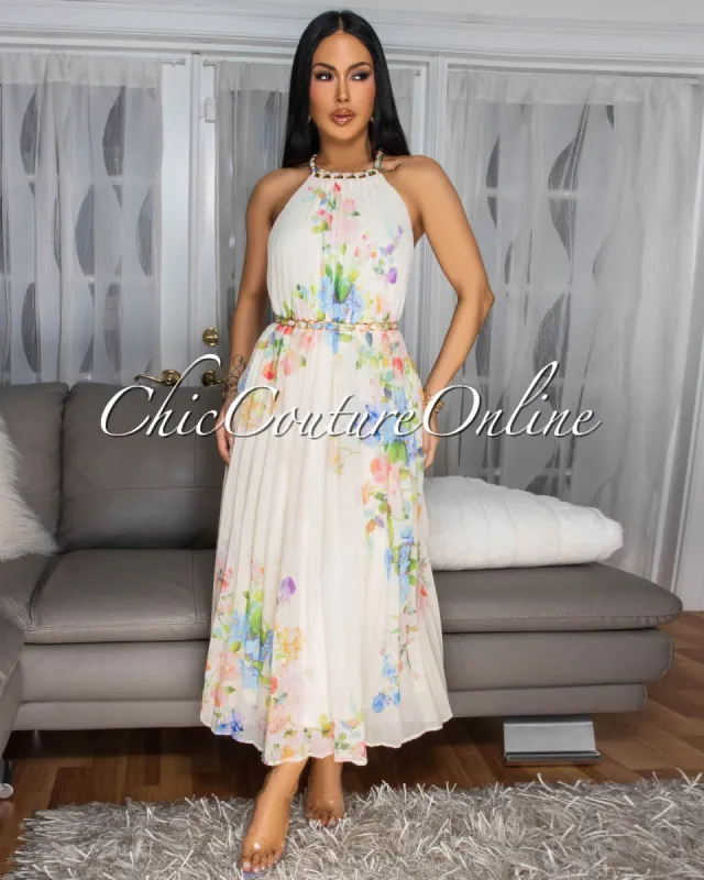 Hermione Cream Multi-Color Floral Print Pleated Dress sold by Chic Couture