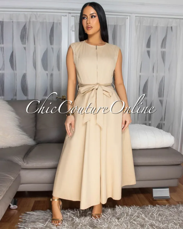 Kamille Nude Front Zipper Maxi Dress sold by Chic Couture