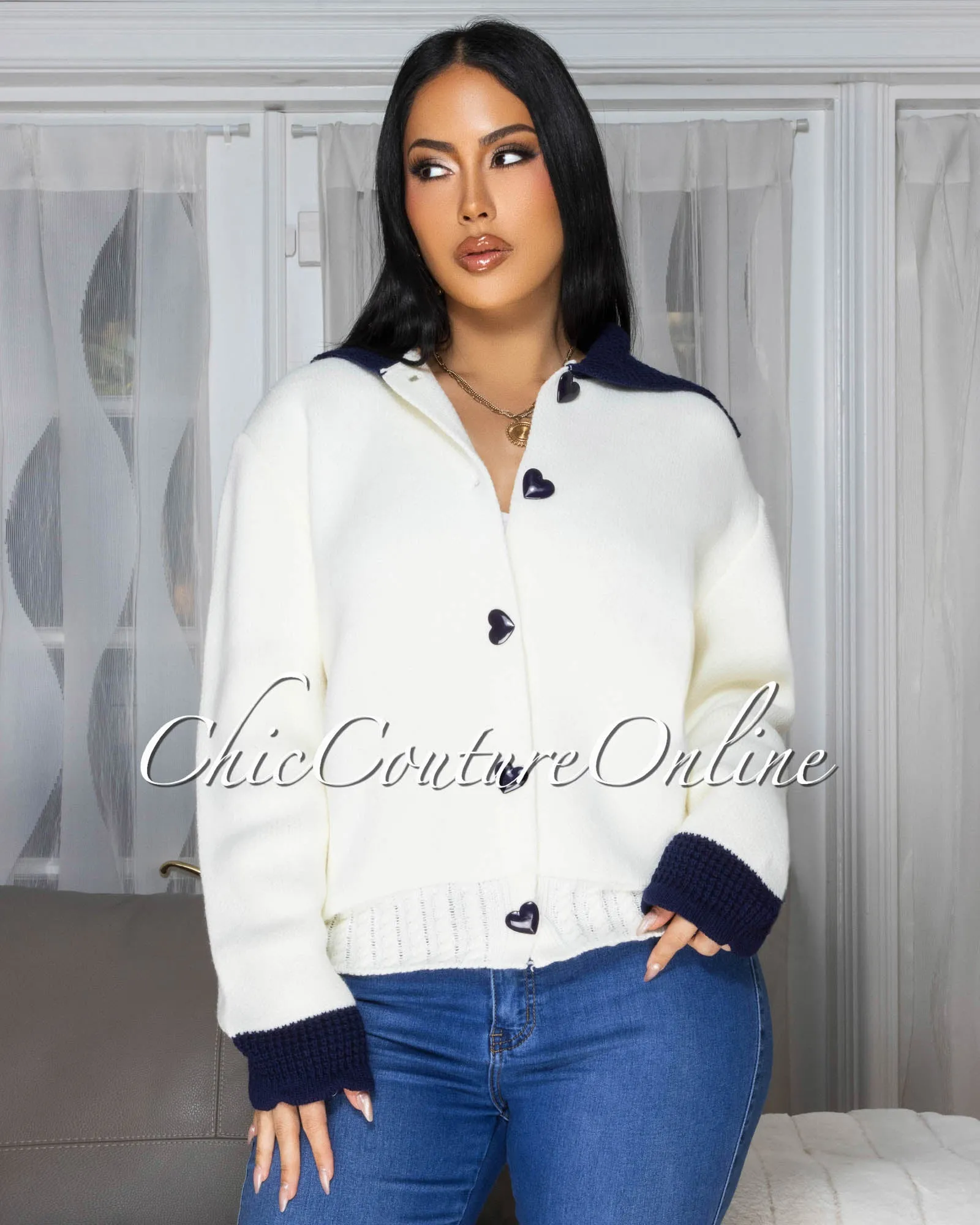 *Hallie Cream Blue Trim Sweater Cardigan sold by Chic Couture product image thumbnail 3