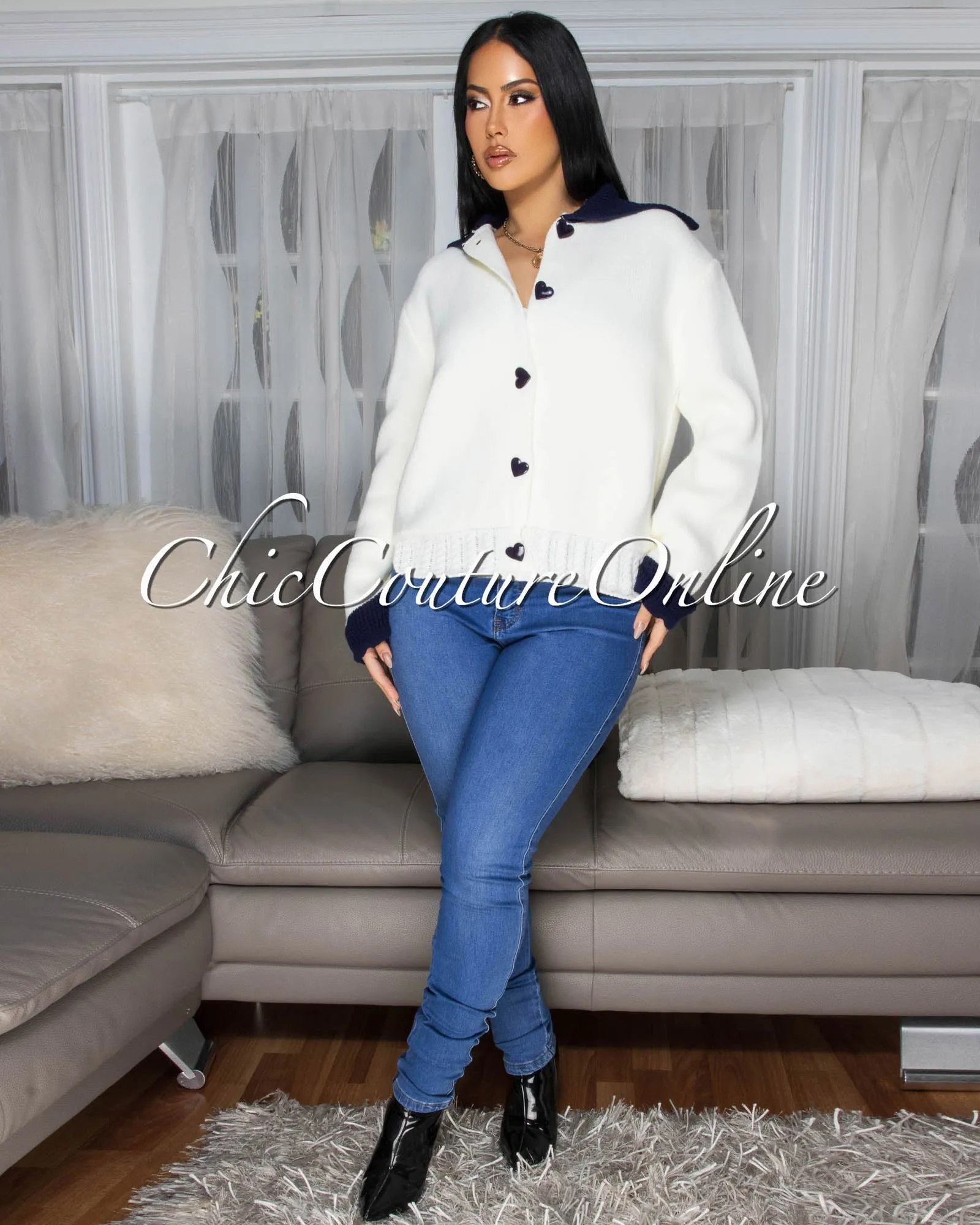 *Hallie Cream Blue Trim Sweater Cardigan sold by Chic Couture