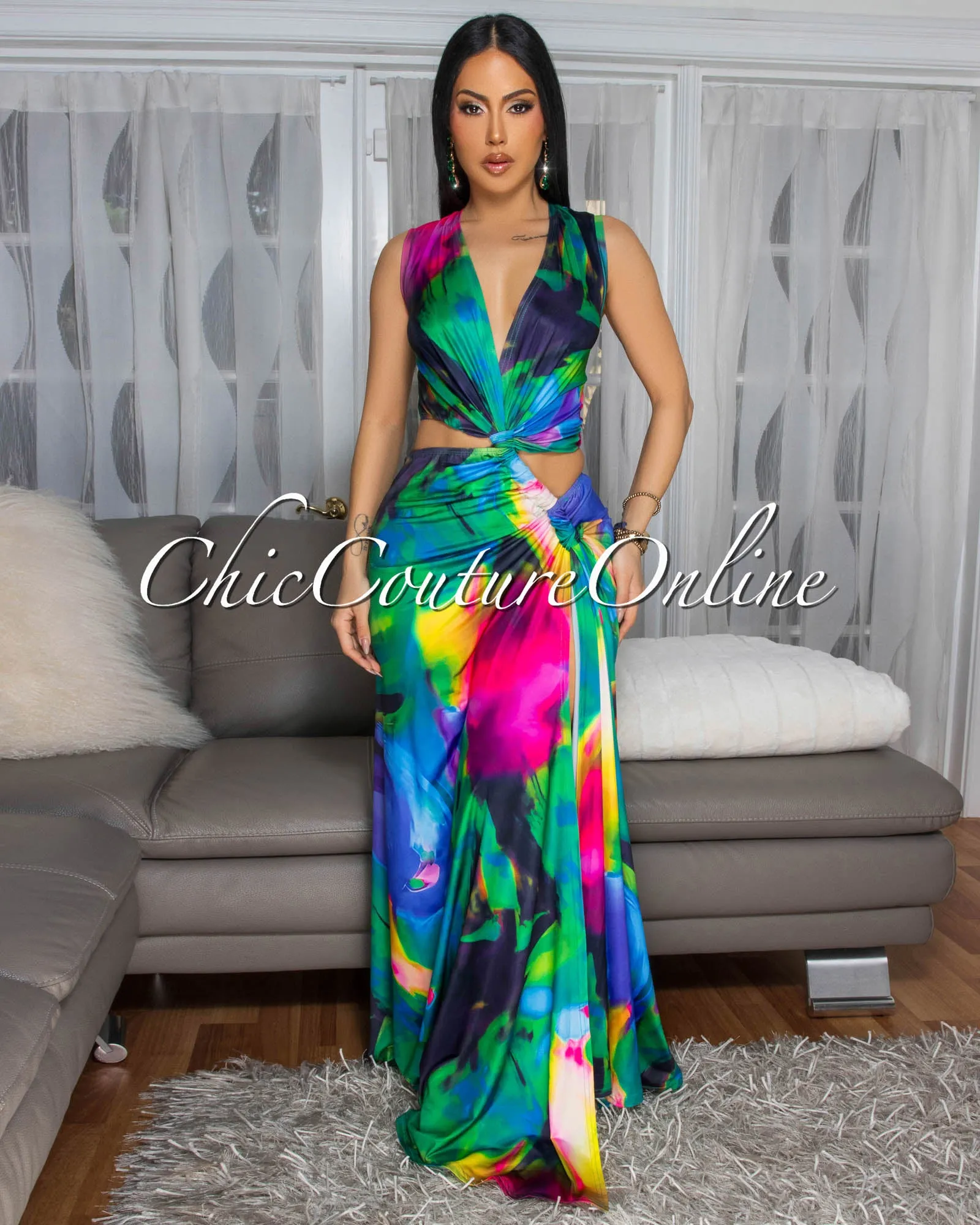 Sianna Green Multi-Color Cut-Out Slit Dress sold by Chic Couture product image thumbnail 2
