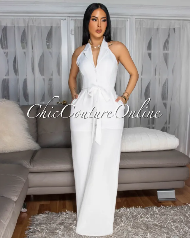 Amoa Off-White Halter Jumpsuit sold by Chic Couture