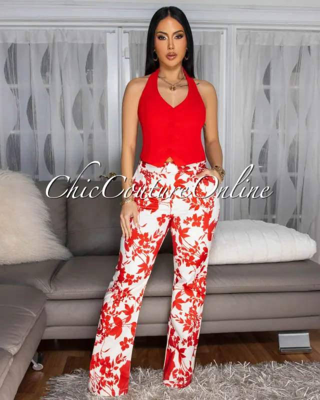 Larrah Cream Red Floral Print Straight Pants sold by Chic Couture