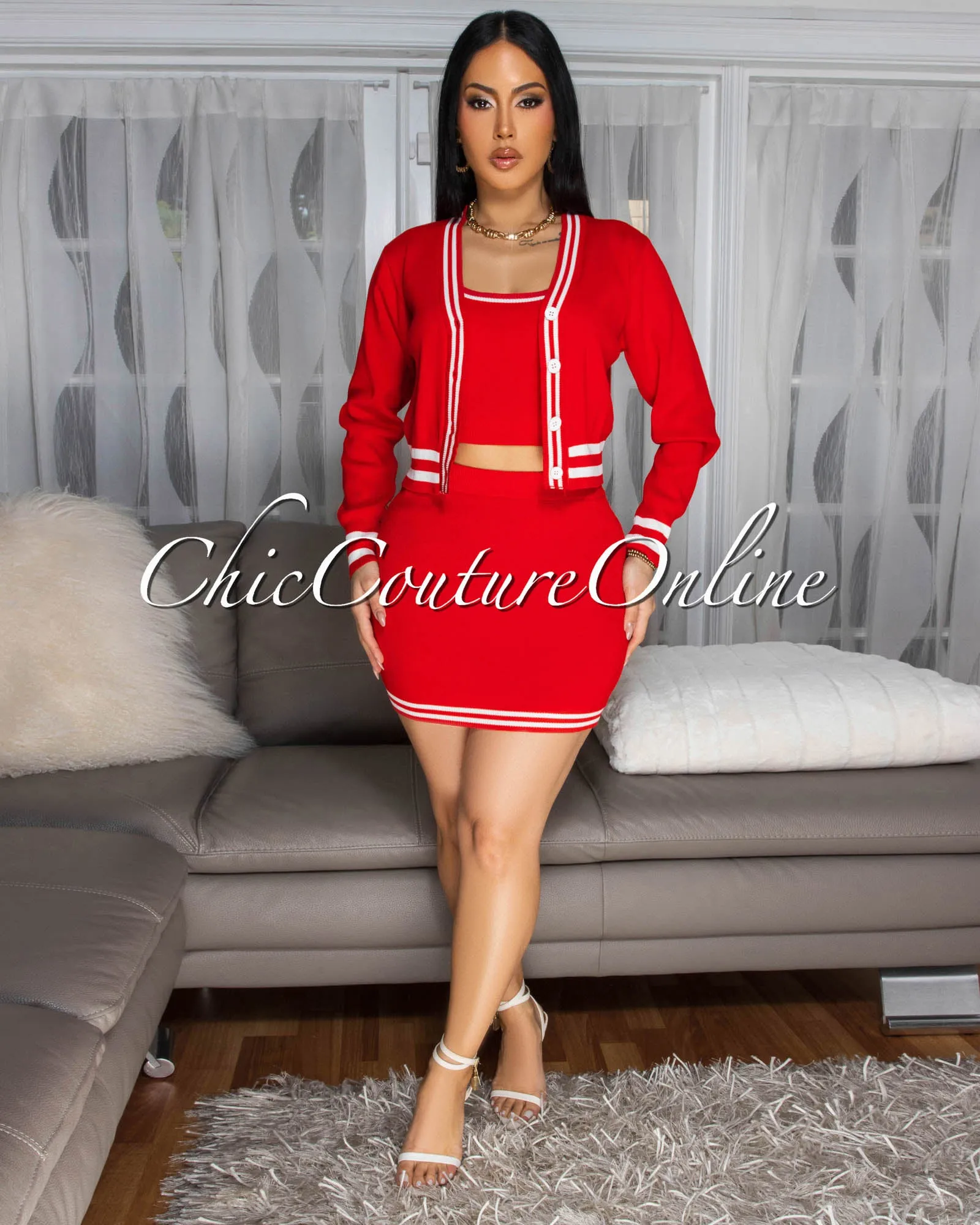 *Femme Red White Trim 3 Piece Skirt Set sold by Chic Couture