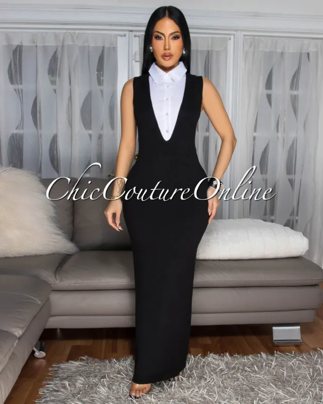 Jolienne Black White Tuxedo Maxi Dress sold by Chic Couture