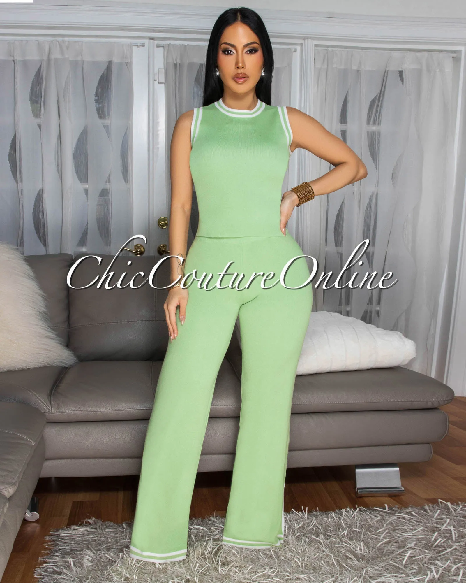 Annika Light Sage Green White Trim Knit Pants Set sold by Chic Couture