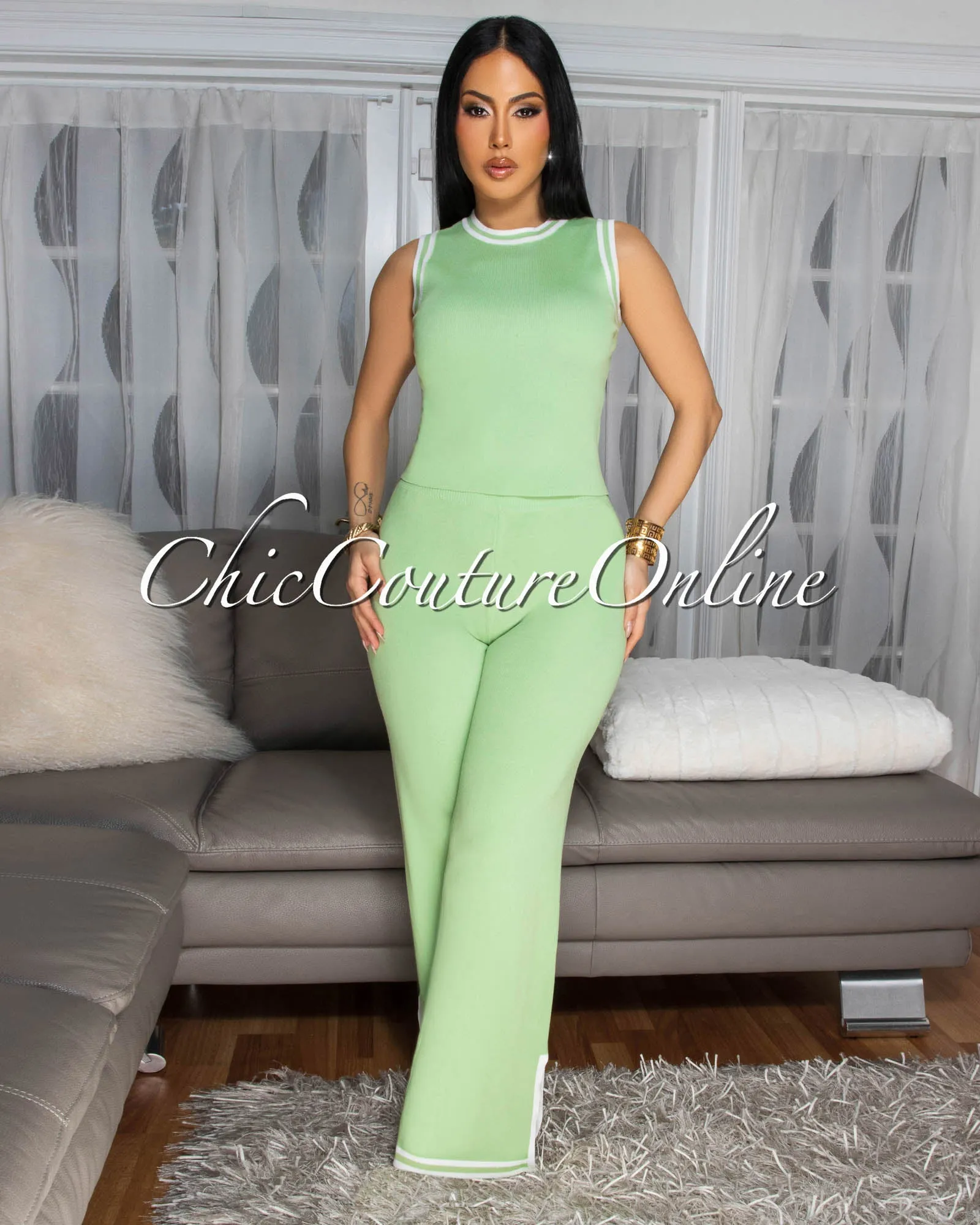 Annika Light Sage Green White Trim Knit Pants Set sold by Chic Couture product image thumbnail 2