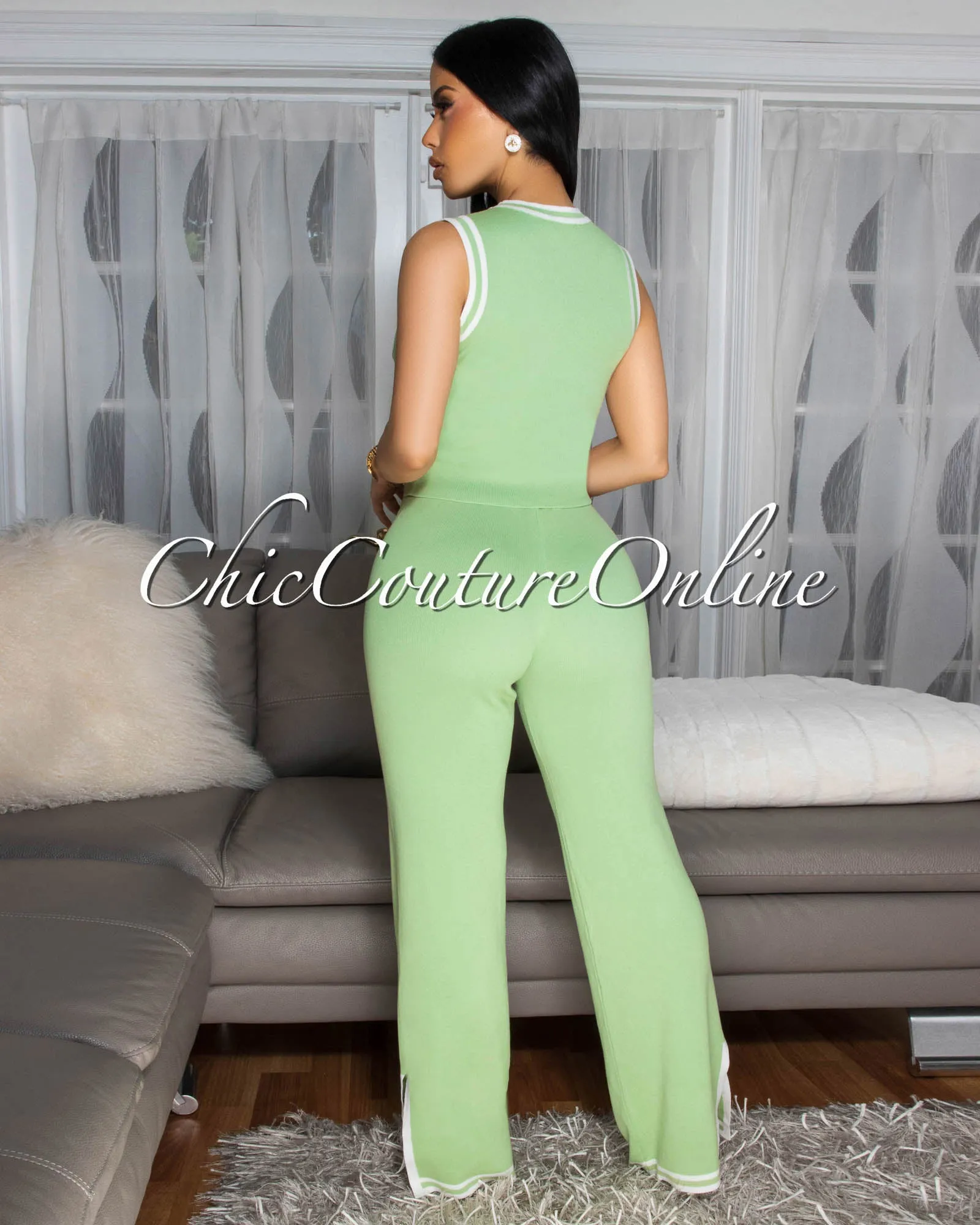 Annika Light Sage Green White Trim Knit Pants Set sold by Chic Couture product image thumbnail 3