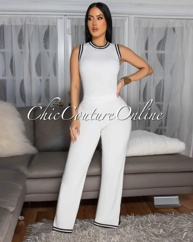 Annika Off-White Black Trim Knit Pants Set sold by Chic Couture