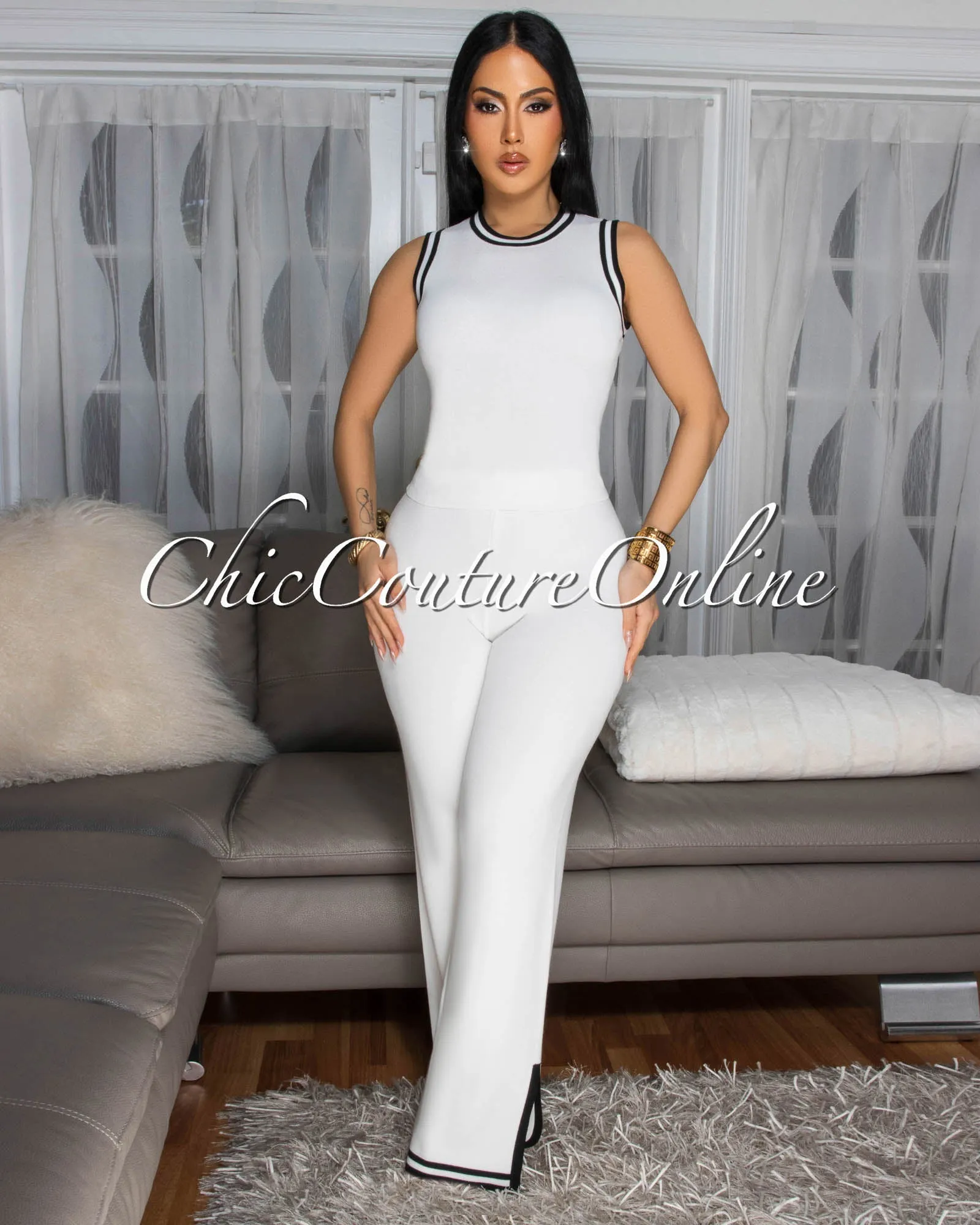 Annika Off-White Black Trim Knit Pants Set sold by Chic Couture product image thumbnail 2