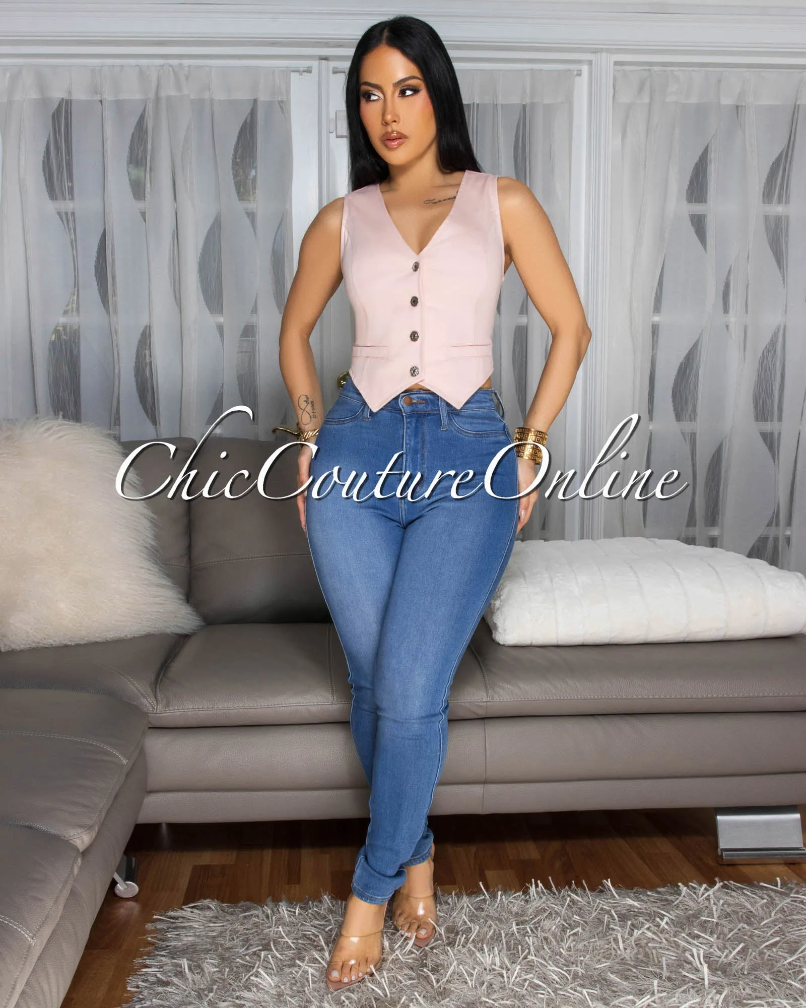 Brynn Light Pink Woven Vest sold by Chic Couture