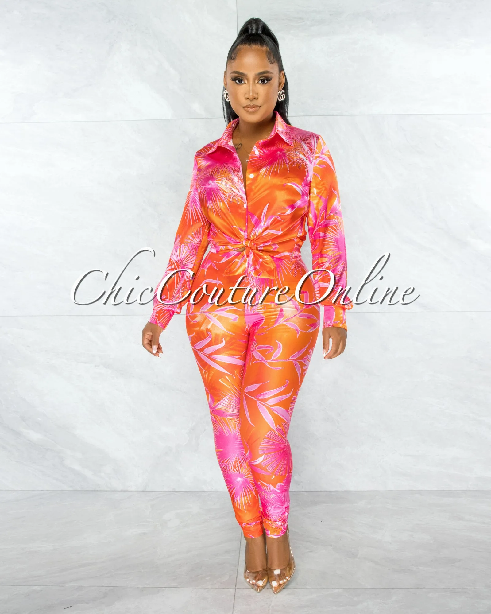 *Dabney Orange Palm Print Satin Shirt & Leggings Set sold by Chic Couture product image thumbnail 3