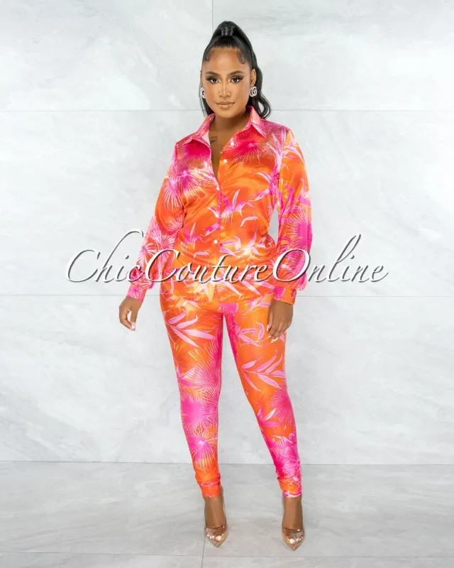 *Dabney Orange Palm Print Satin Shirt & Leggings Set sold by Chic Couture