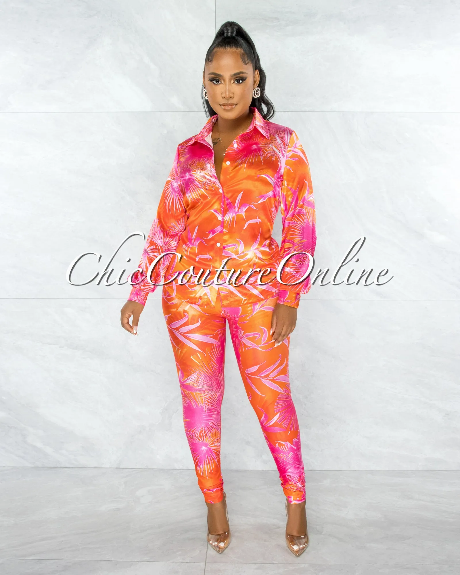 *Dabney Orange Palm Print Satin Shirt & Leggings Set sold by Chic Couture
