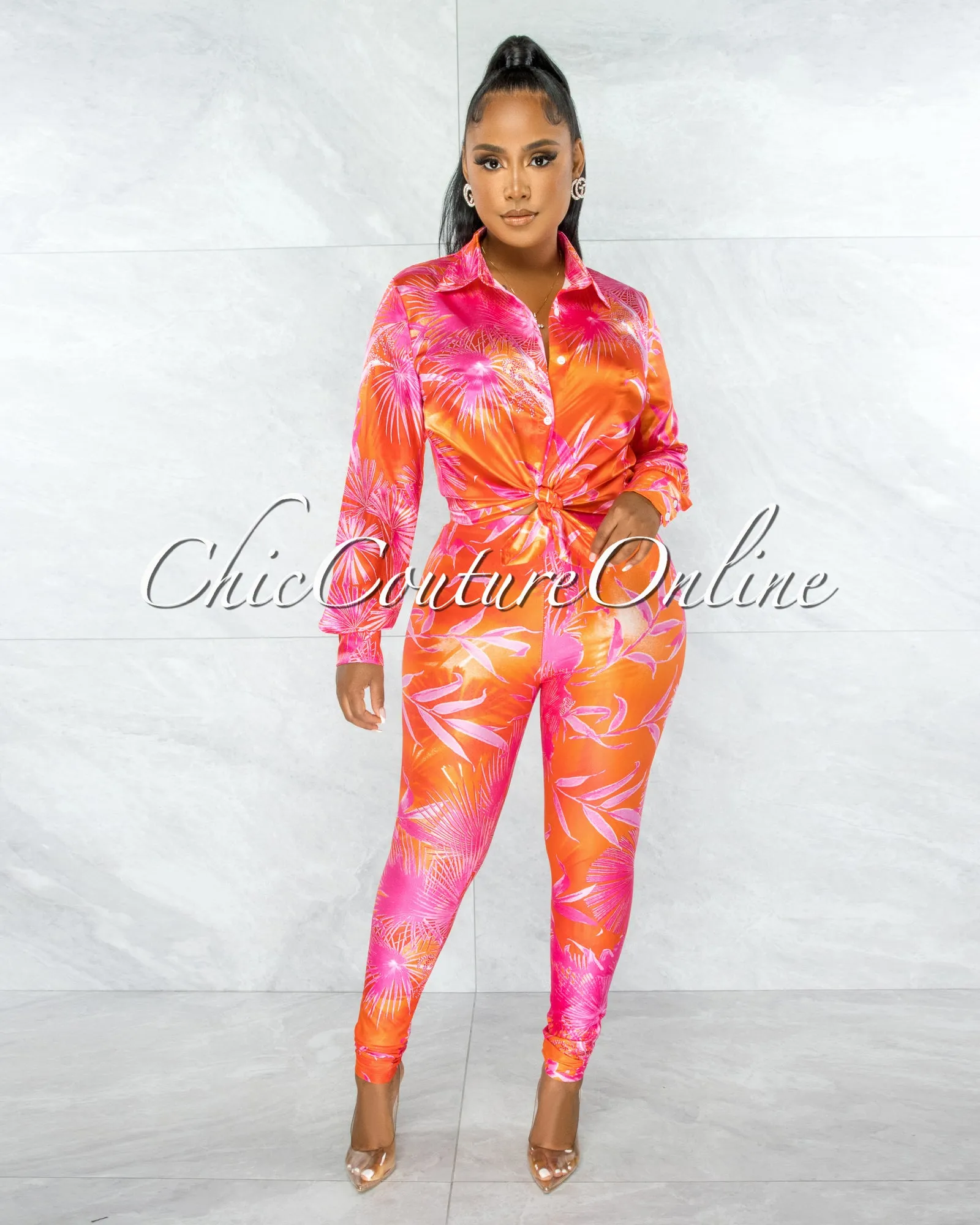 *Dabney Orange Palm Print Satin Shirt & Leggings Set sold by Chic Couture product image thumbnail 2