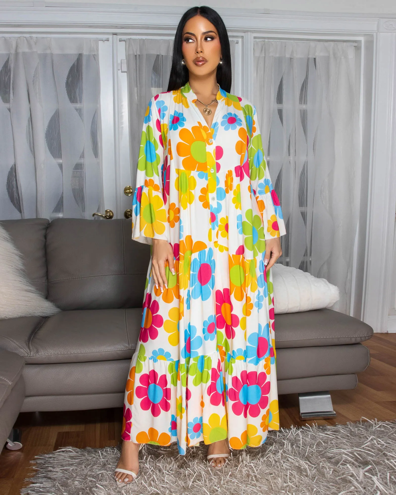 Tallas White Multi-Color Floral Print Maxi Dress sold by Chic Couture