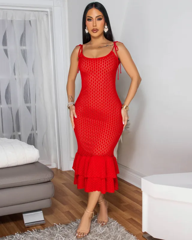 Alida Red Nude Illusion Crochet Midi Dress sold by Chic Couture