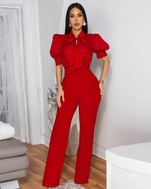 Vince Red Lace Accent Jumpsuit sold by Chic Couture