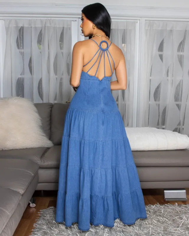 Santal Dark Denim Tiered Maxi Dress sold by Chic Couture