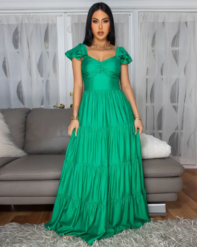 Blain Kelly-Green Ruffle Sleeves Maxi Dress sold by Chic Couture