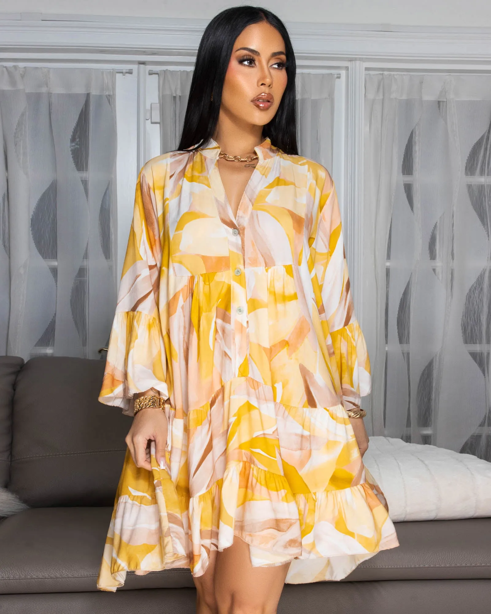 Lima Yellow Multi-Color Print Shirt Dress sold by Chic Couture product image thumbnail 3