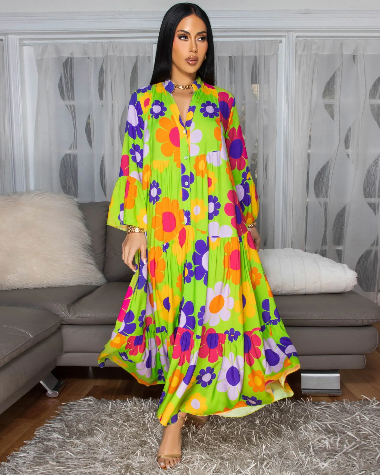 Tallas Lime Green Multi-Color Floral Print Maxi Dress sold by Chic Couture