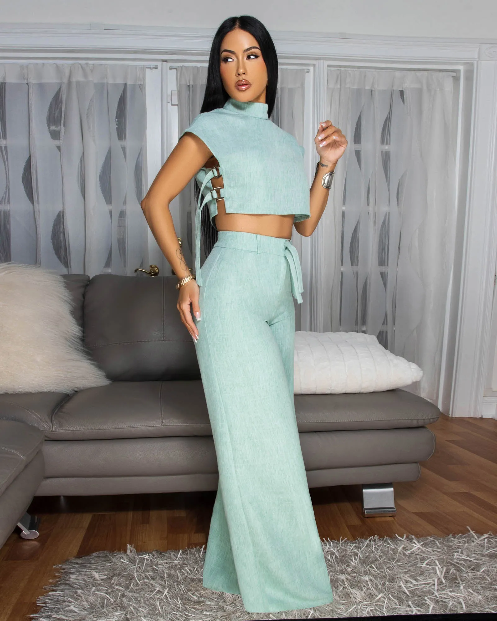 Bellucci Teal Linen Two Piece Pants Set sold by Chic Couture product image thumbnail 3